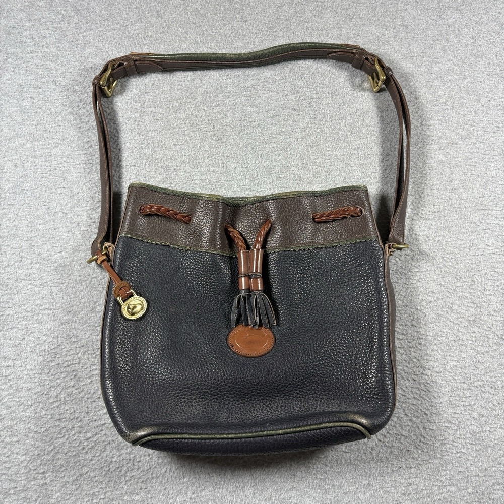 Vtg Dooney & Bourke AWL Leather Teton Drawstring Bucket Bag Navy Green USA Made